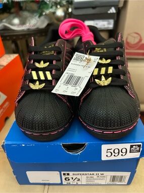 Women’s adidas Black Sneakers with Pink Stitching and Gold Trefoil